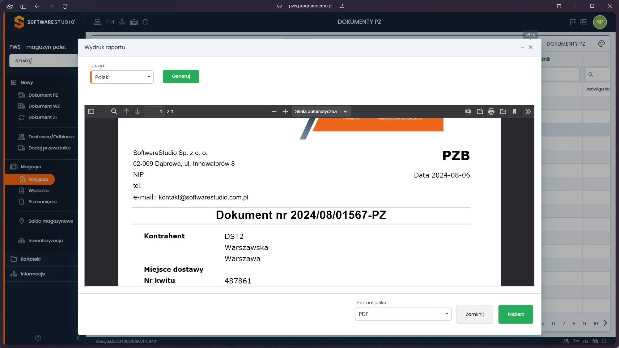 Studio PWS.net - okno wydruku dokumentu przyjęcia PZ z podglądem PDF, numerem dokumentu, danymi kontrahenta i numerem kwitu paletowego